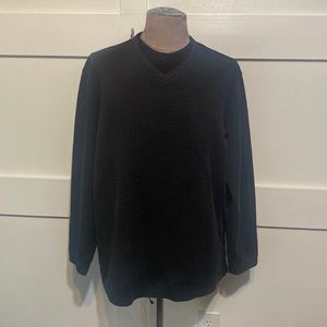 Dark grey long sleeve v-neck pullover with built-in t-shirt look